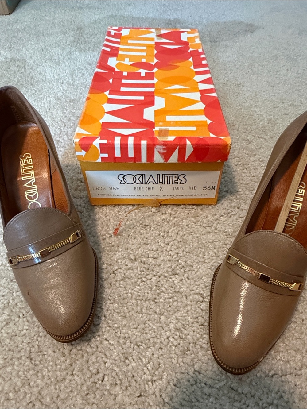 Vintage Socialites Women's Taupe Leather Loafers with Gold Accent
